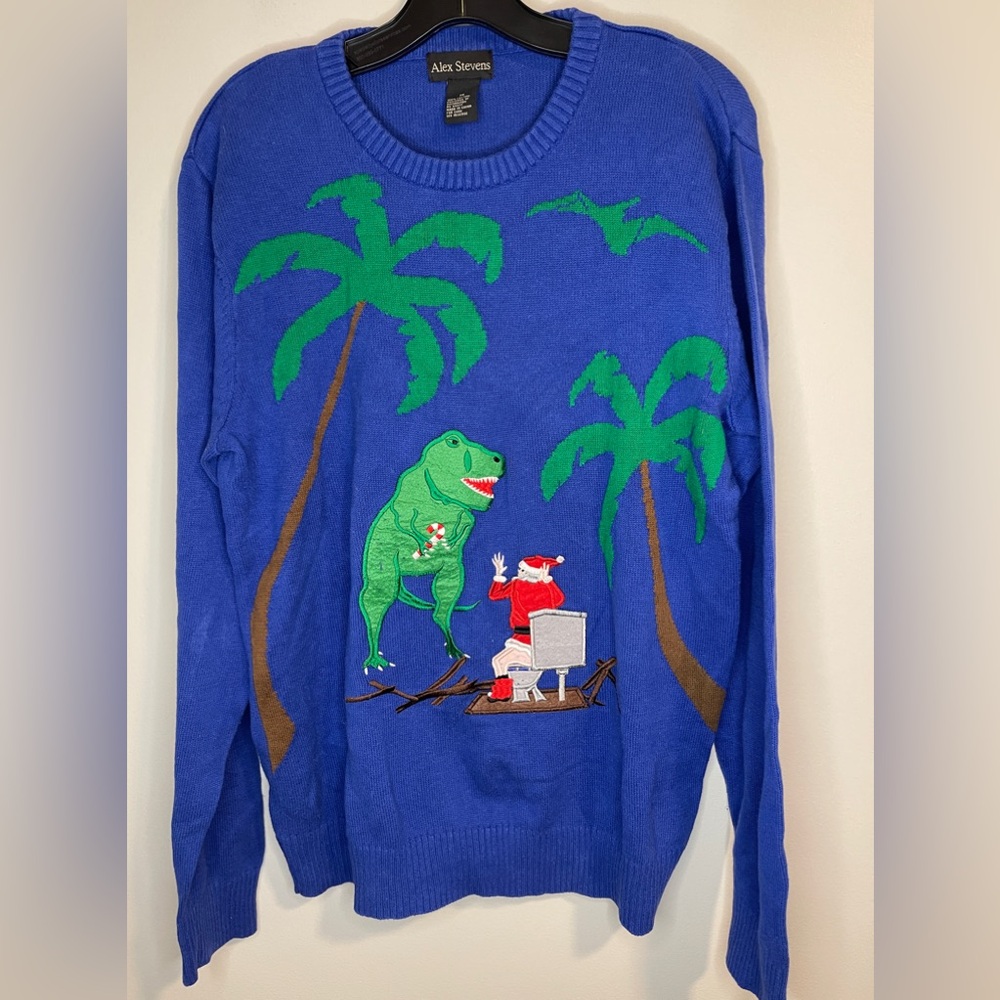 Alex Stevens Blue Tropical Dinosaur Ugly Christmas Sweater